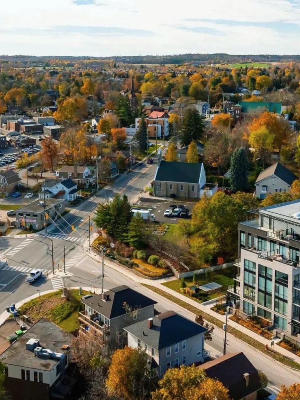 Aerial view of Georgetown, Ontario commercial district and local businesses, featured on the AYS Security commercial security systems Georgetown page