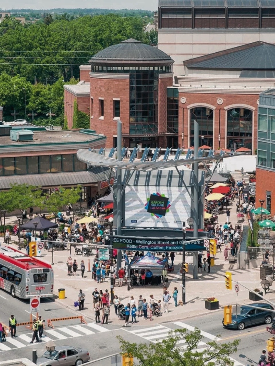 Downtown Brampton, Ontario streetscape with commercial buildings, local businesses and surrounding roads, representing the area served by AYS Security
