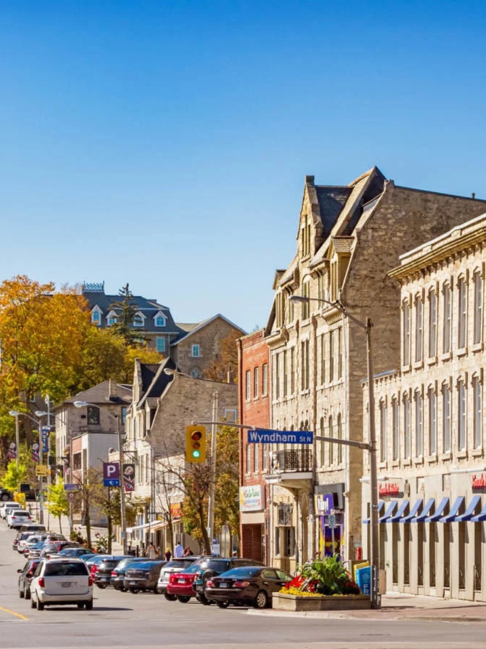 Wyndham Street in downtown Guelph, Ontario, lined with local shops, restaurants and commercial properties, relevant to commercial security systems Guelph